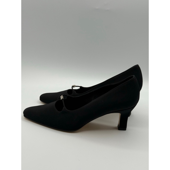 Vaneli Black Satin Pumps 7M – Made in Italy, Vero Cuoio Leather Sole, Rhinestone - Picture 4 of 8